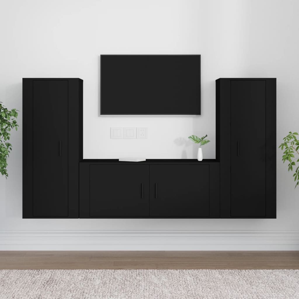 3 Piece TV Cabinet Set Black Engineered Wood