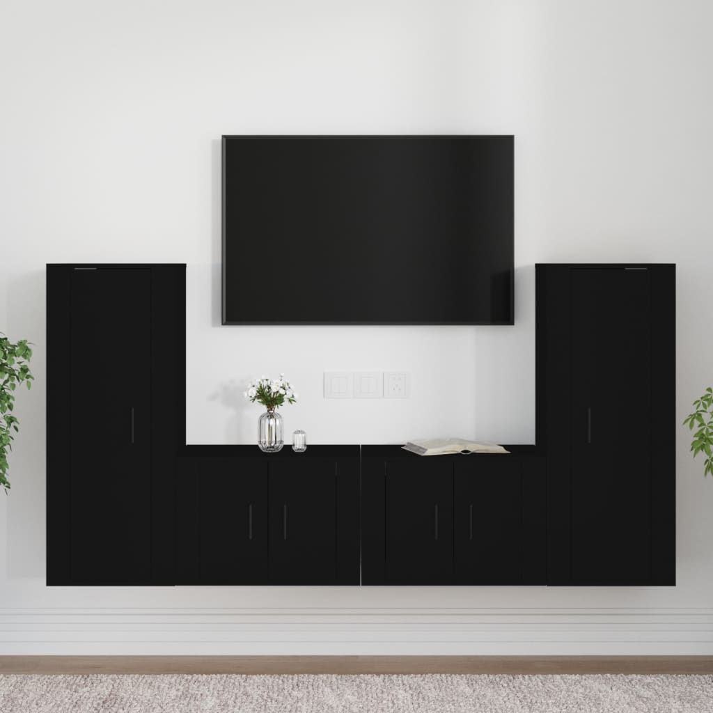 4 Piece TV Cabinet Set Black Engineered Wood
