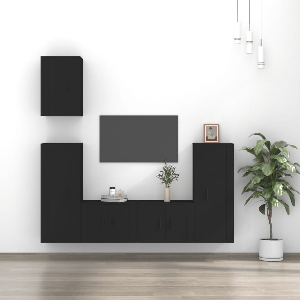 5 Piece TV Cabinet Set Black Engineered Wood