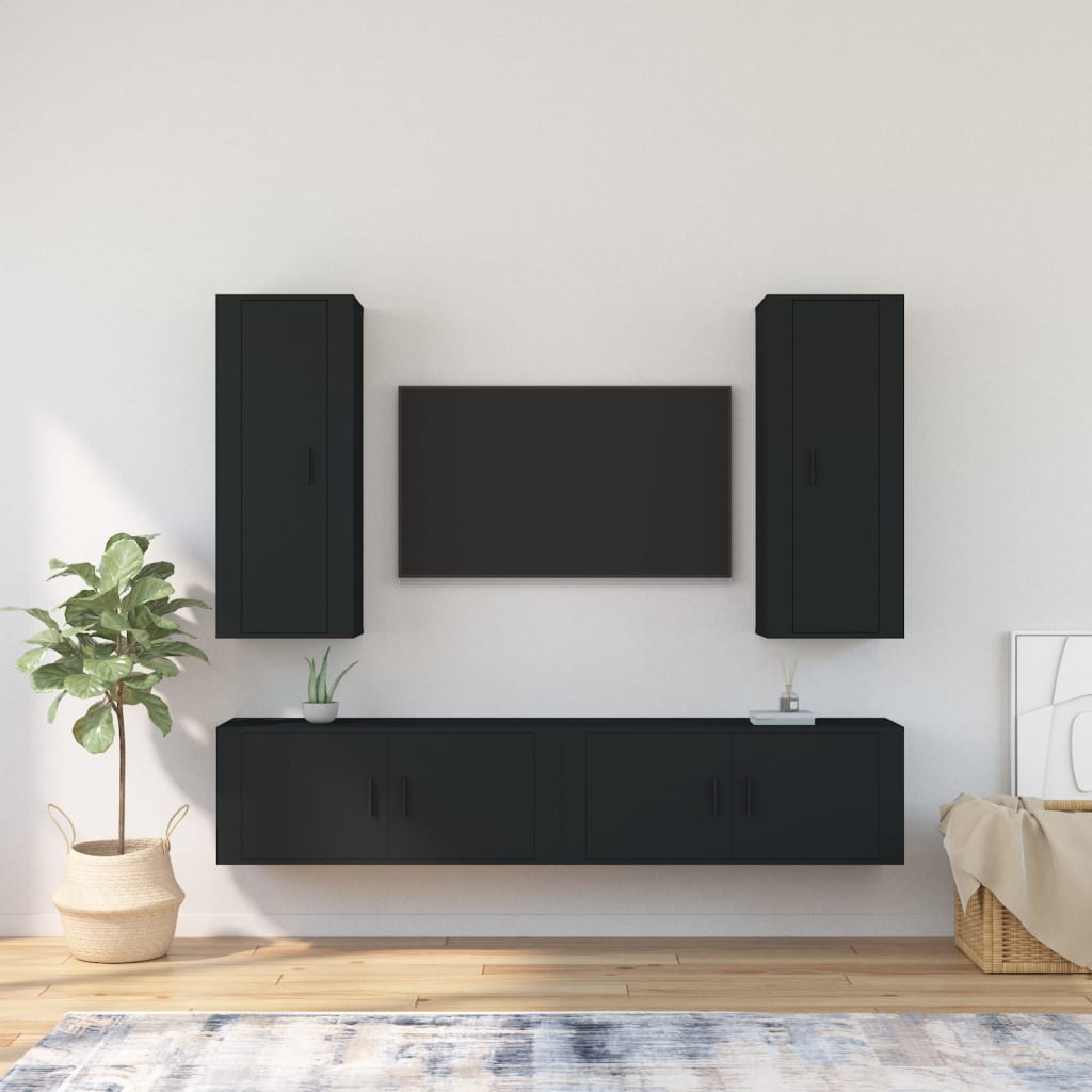 4 Piece TV Cabinet Set Black Engineered Wood