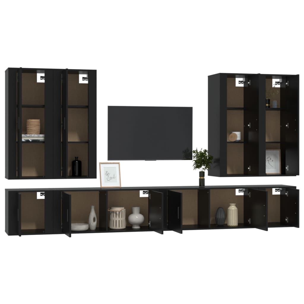 8 Piece TV Cabinet Set Black Engineered Wood