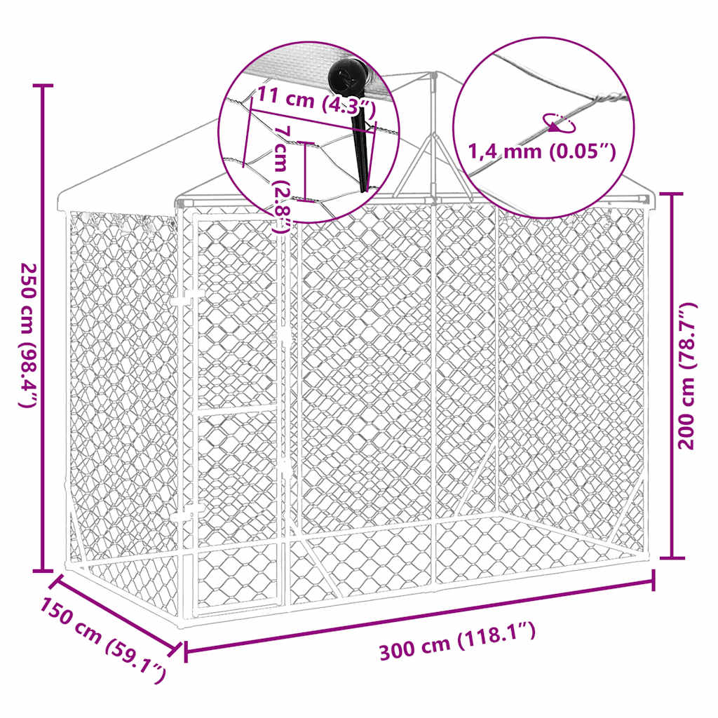 Outdoor Dog Kennel with Roof Silver 3x1.5x2.5 m Galvanised Steel