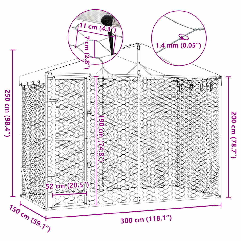 Outdoor Dog Kennel with Roof Silver 3x1.5x2.5m Galvanised Steel