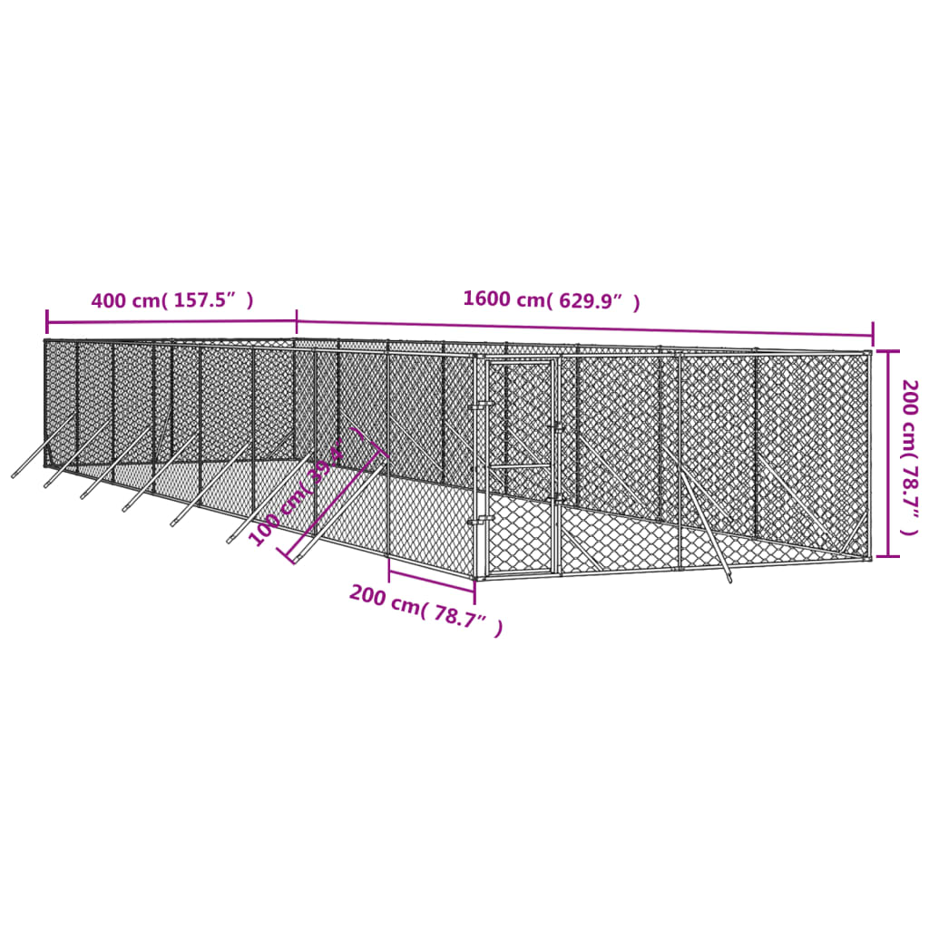 Outdoor Dog Kennel Silver 4x16x2 m Galvanised Steel