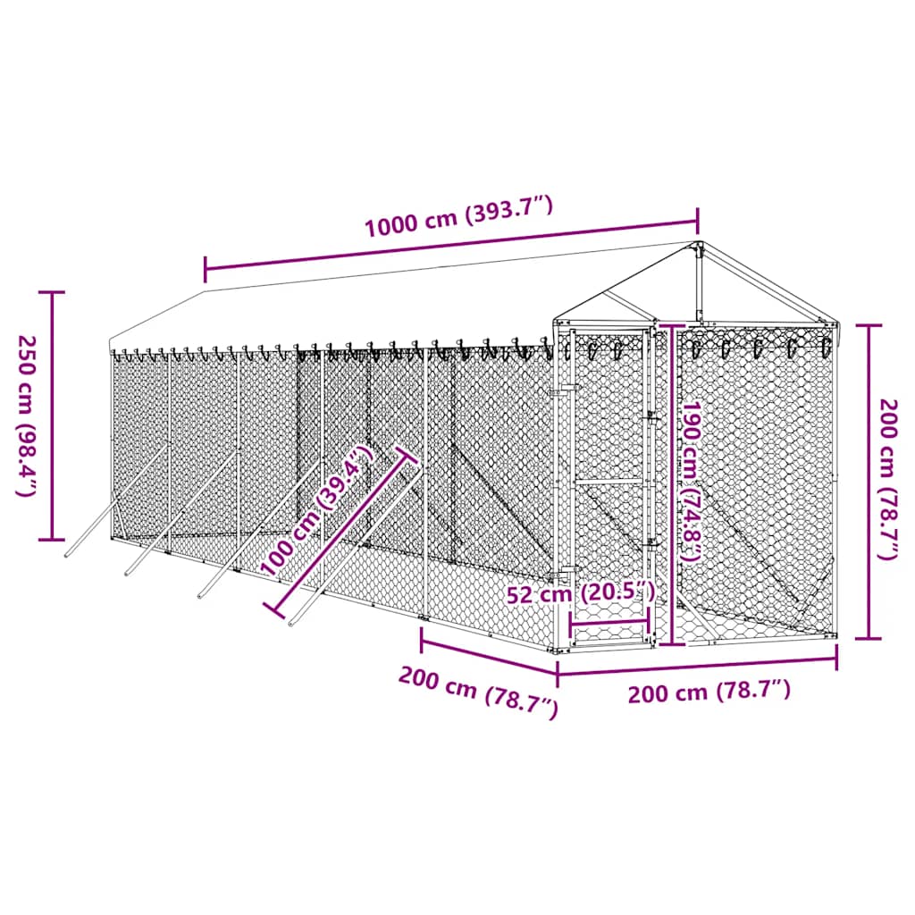 Outdoor Dog Kennel with Roof Silver 2x10x2.5 m Galvanised Steel