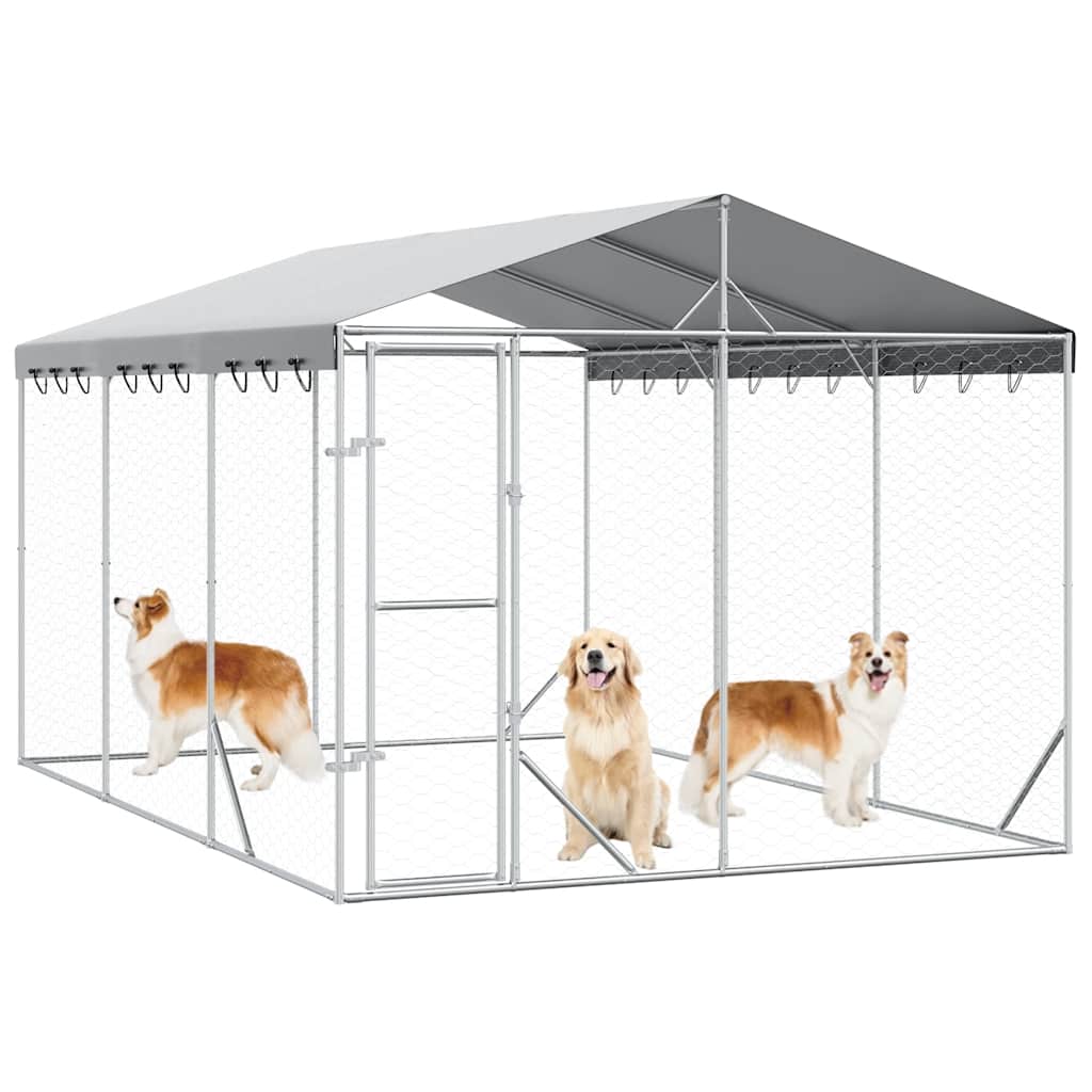 Outdoor Dog Kennel with Roof Silver 3x4.5x2.5 m Galvanised Steel