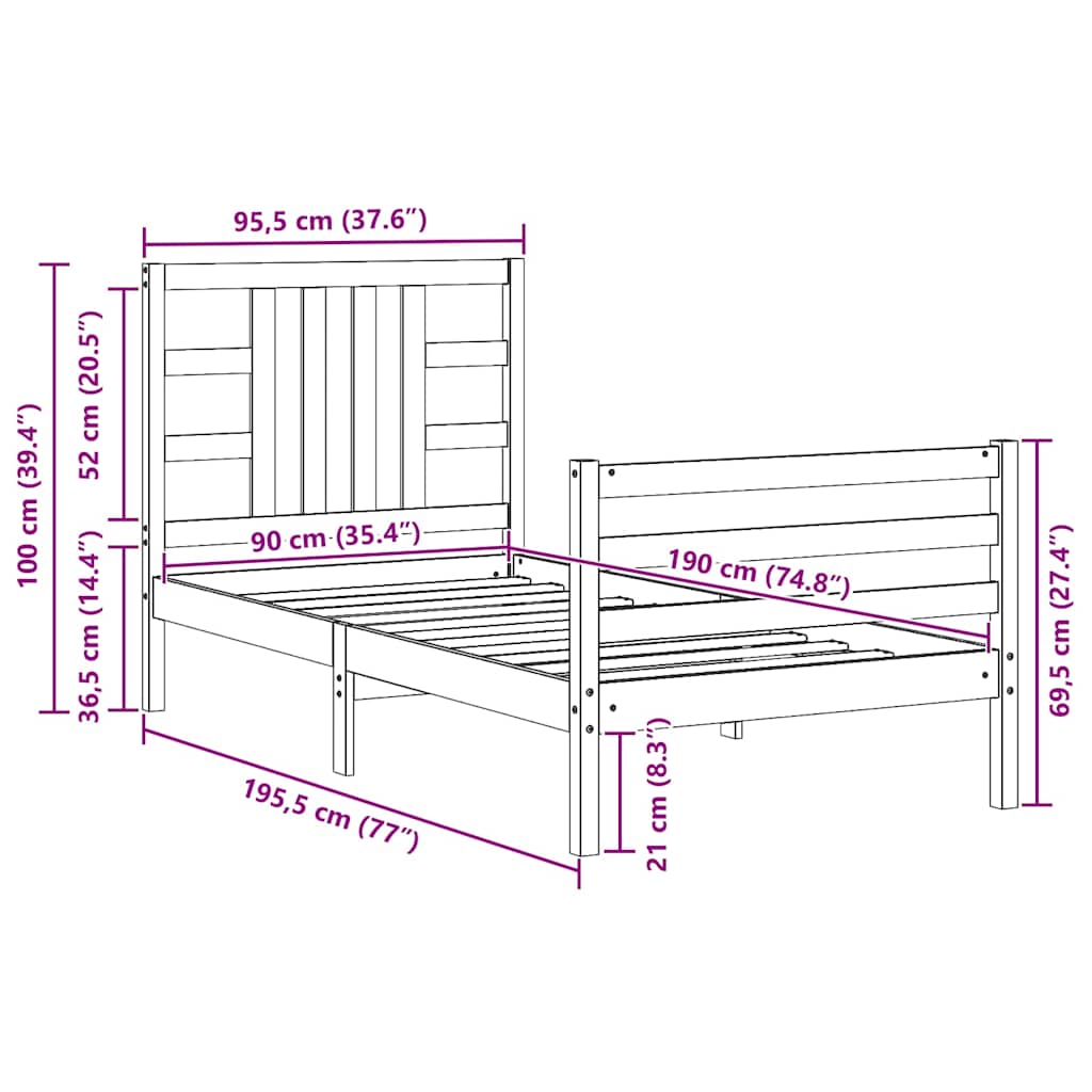 Bed Frame without Mattress Black 90x190 cm Solid Wood Pine