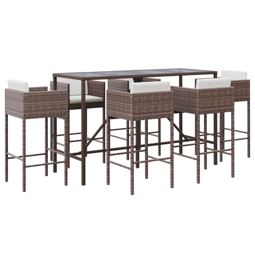 7 Piece Garden Bar Set with Cushions Brown Poly Rattan