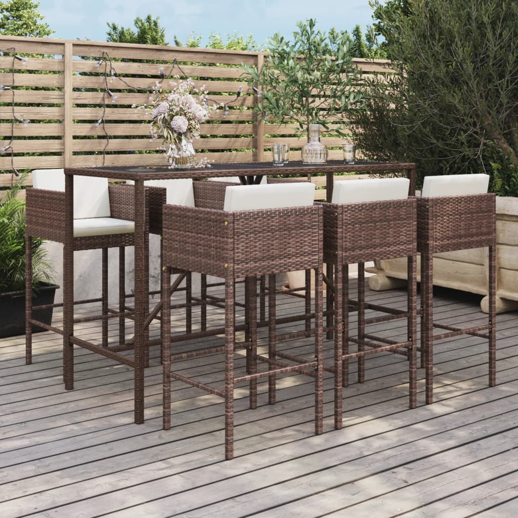 7 Piece Garden Bar Set with Cushions Brown Poly Rattan