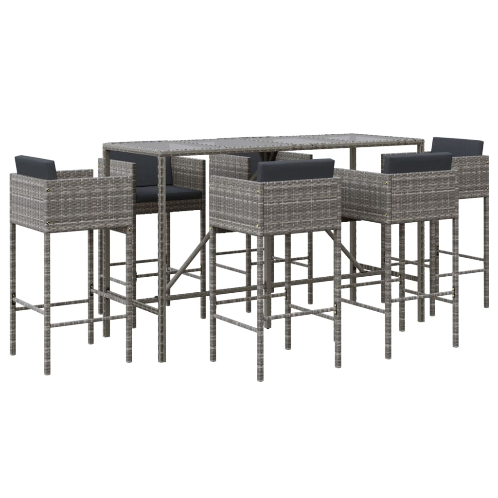 7 Piece Garden Bar Set with Cushions Grey Poly Rattan