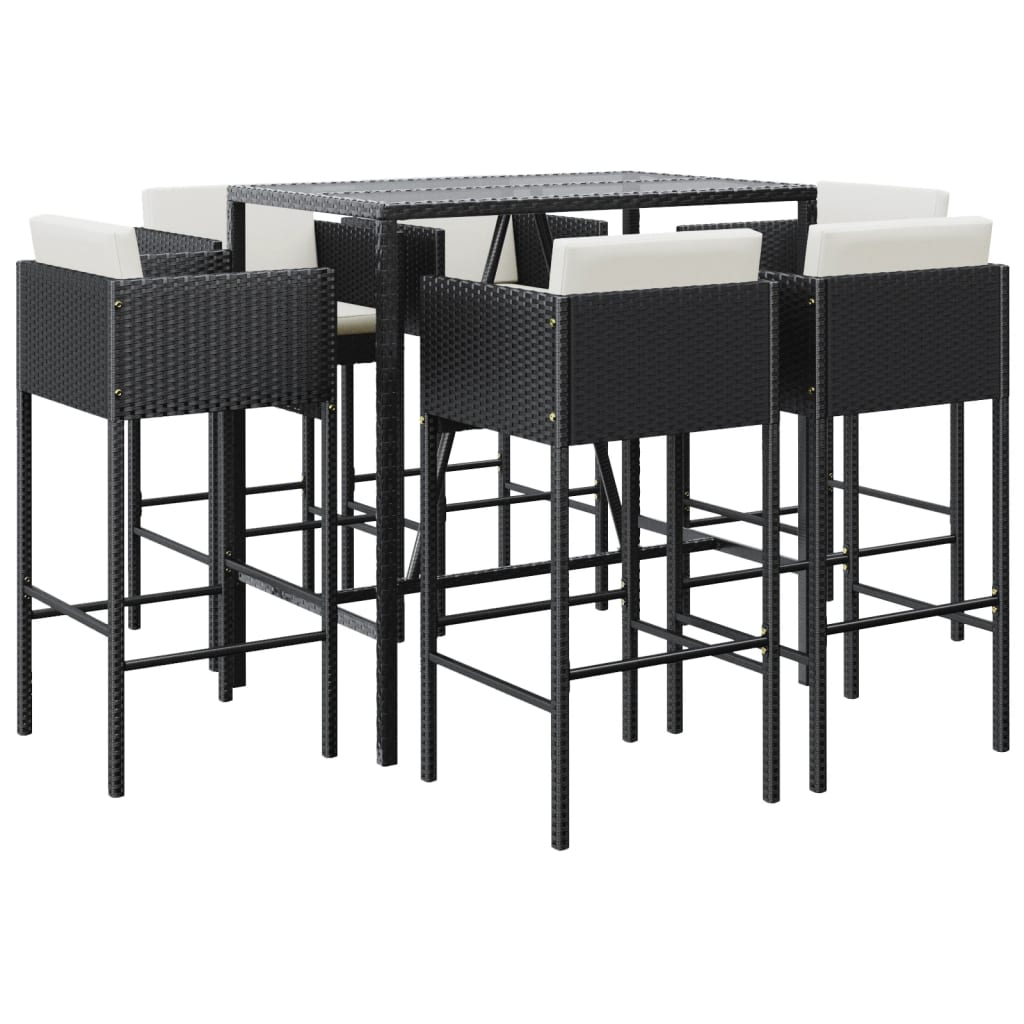 7 Piece Garden Bar Set with Cushions Black Poly Rattan