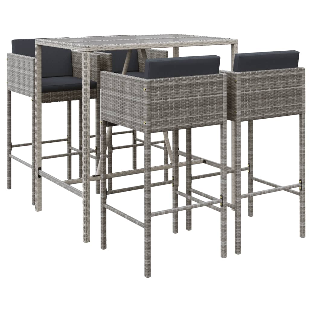 5 Piece Garden Bar Set with Cushions Grey Poly Rattan