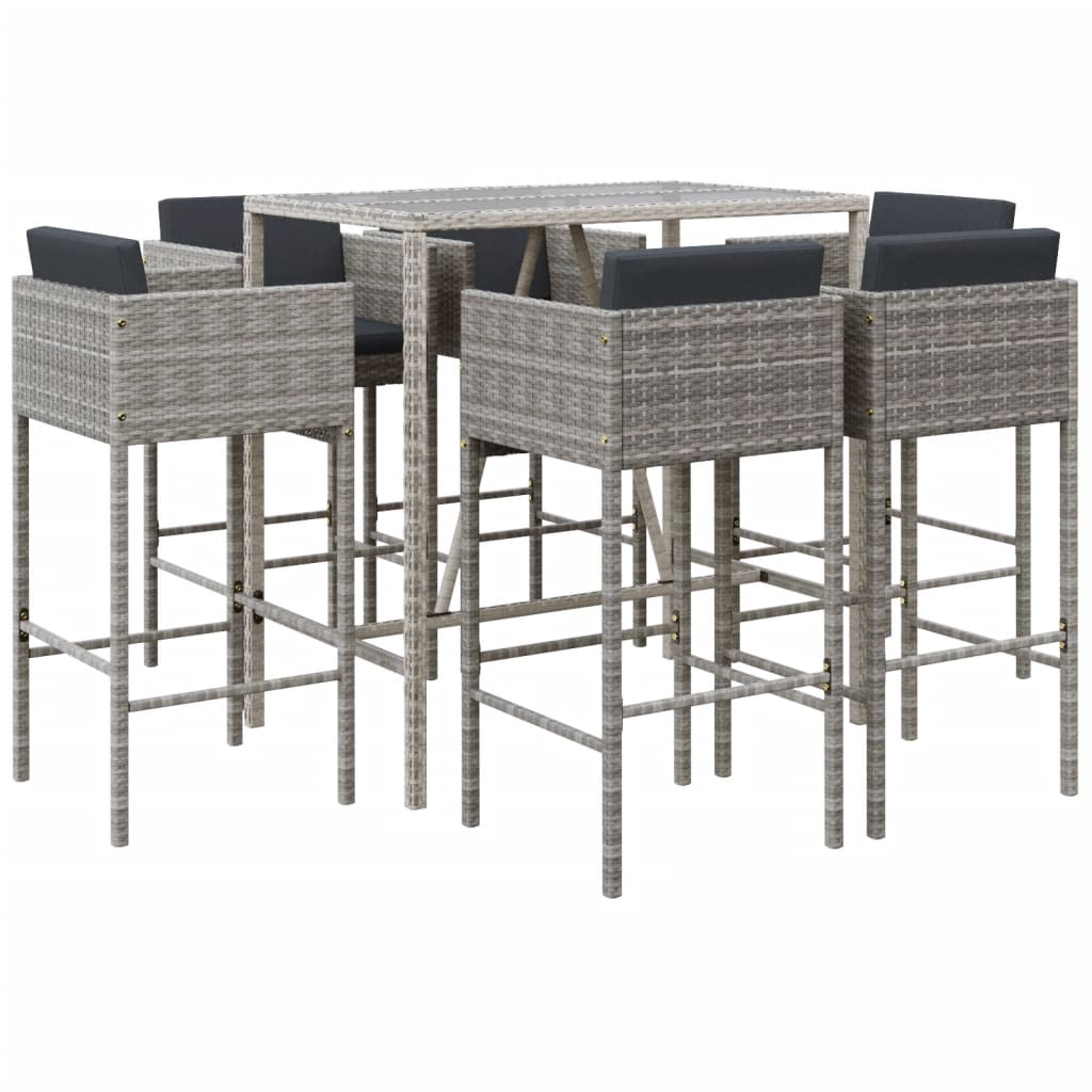 7 Piece Garden Bar Set with Cushions Grey Poly Rattan