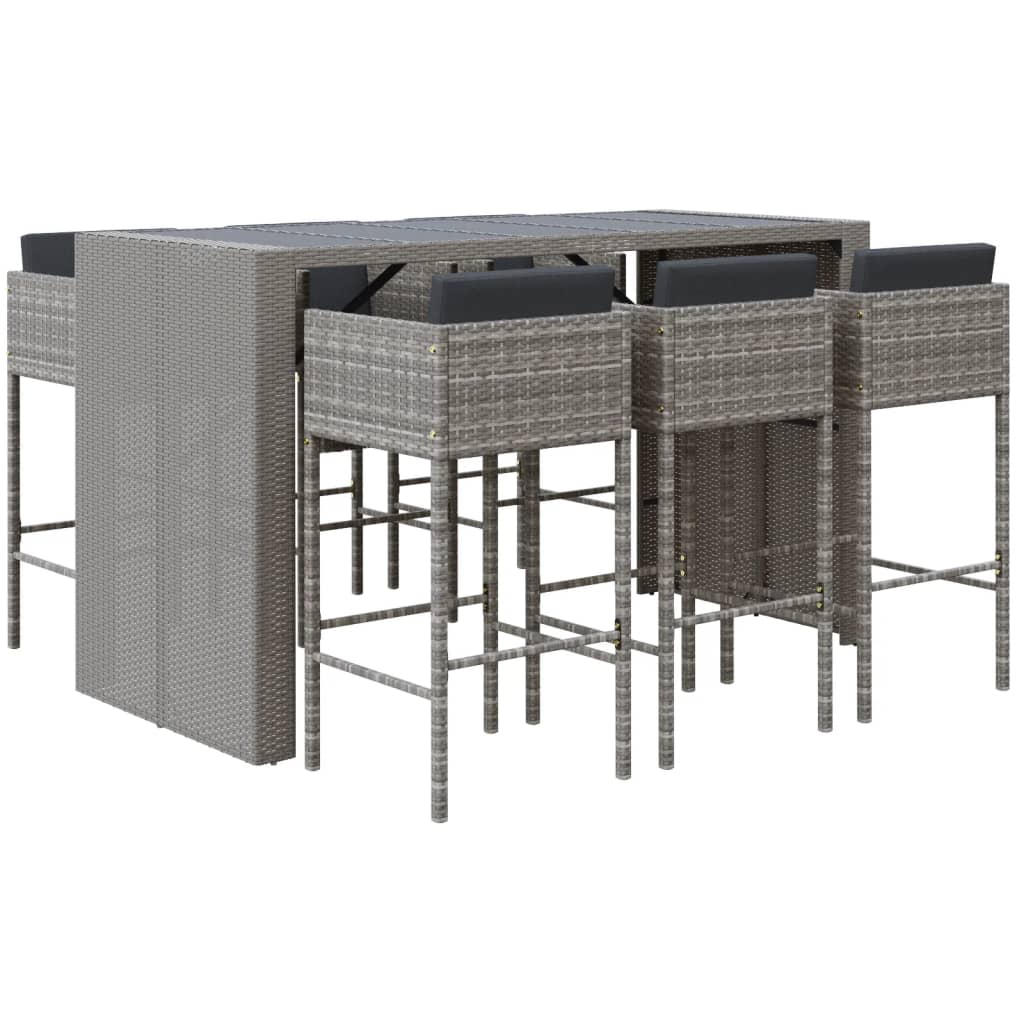 7 Piece Garden Bar Set with Cushions Grey Poly Rattan