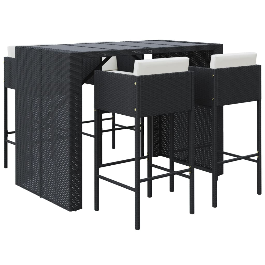 5 Piece Garden Bar Set with Cushions Black Poly Rattan