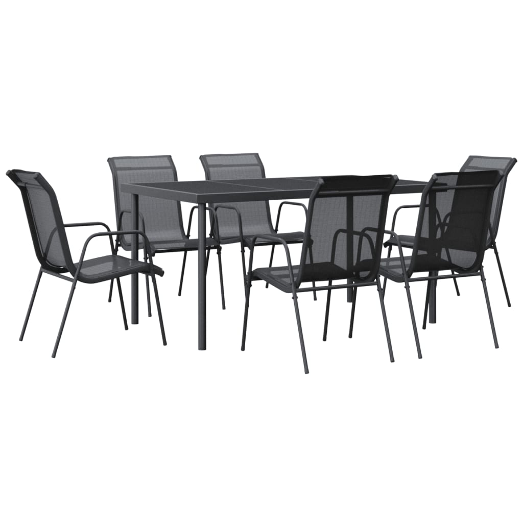 7 Piece Garden Dining Set Black Steel and Textilene