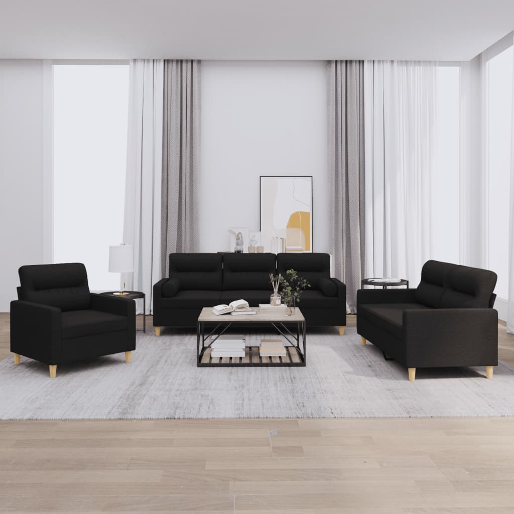 3 Piece Sofa Set with Pillows Black Fabric