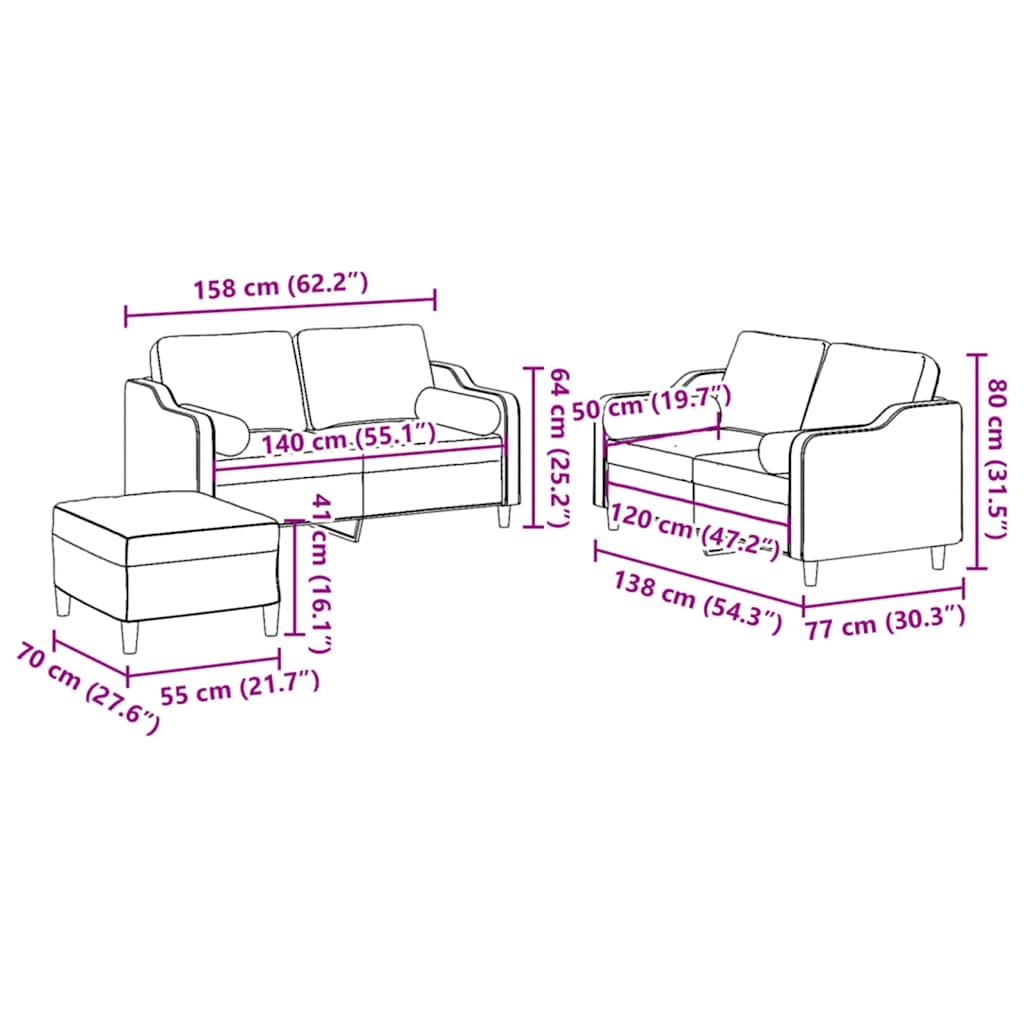 3 Piece Sofa Set with Pillows Black Fabric