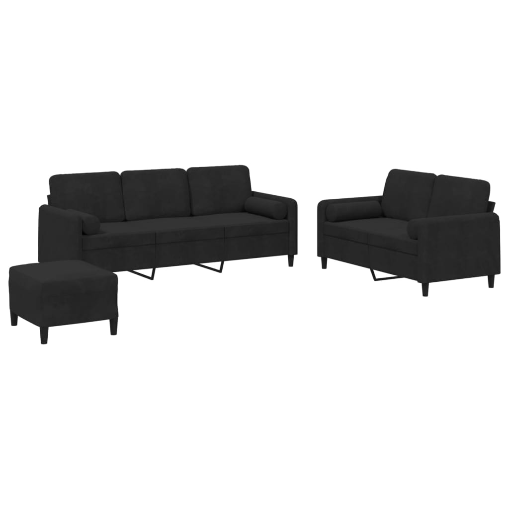 3 Piece Sofa Set with Pillows Black Velvet