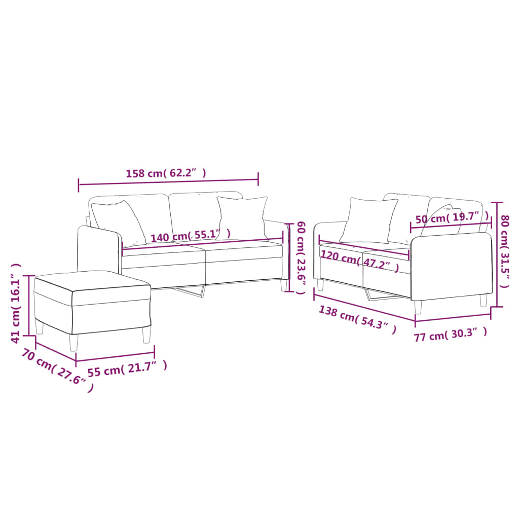 3 Piece Sofa Set with Pillows Light Grey Fabric