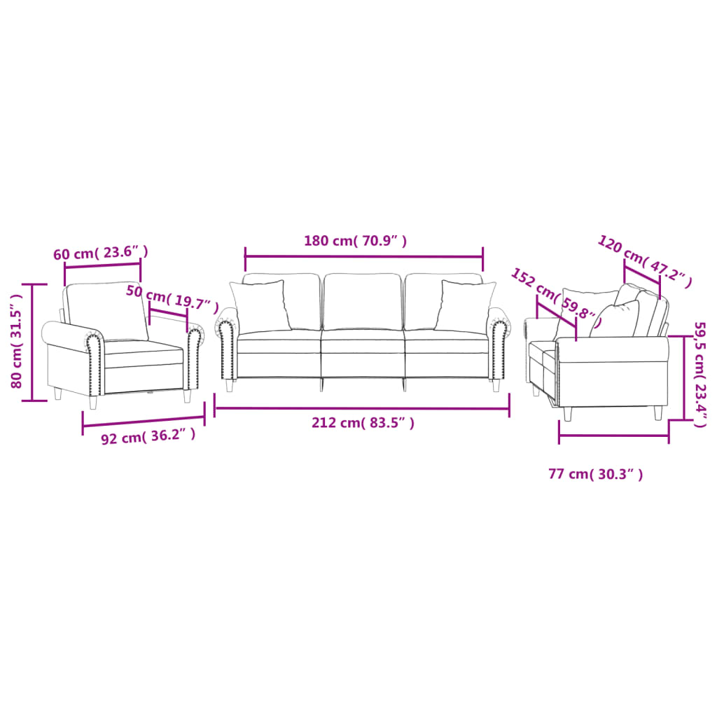 3 Piece Sofa Set with Pillows Black Velvet