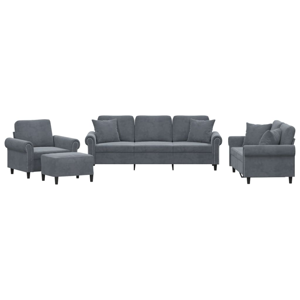 4 Piece Sofa Set with Pillows Dark Grey Velvet
