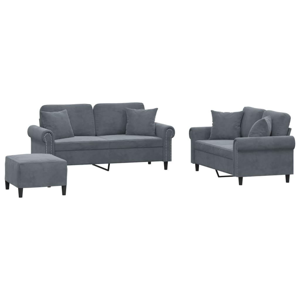 3 Piece Sofa Set with Pillows Dark Grey Velvet
