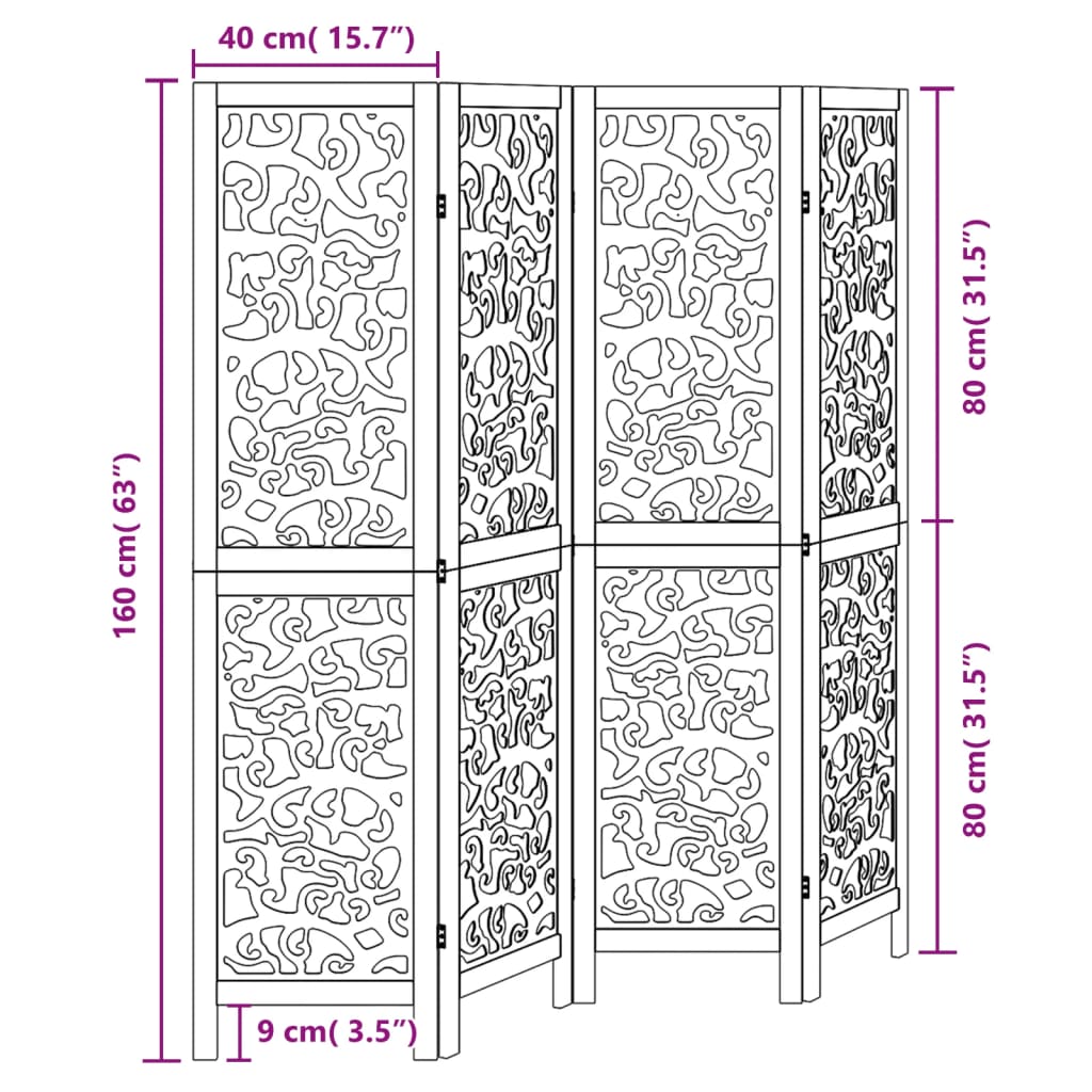 Room Divider 4 Panels Black Solid Wood Paulownia