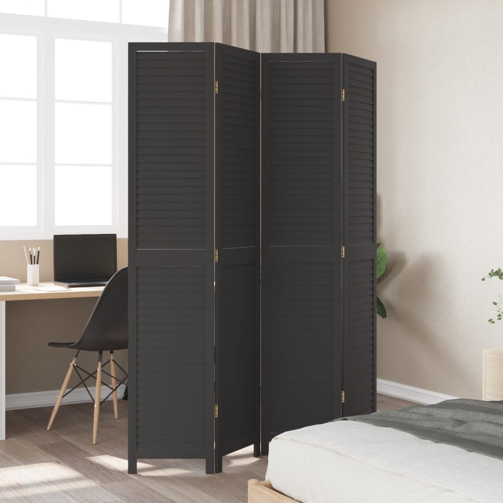 Room Divider 4 Panels Black Solid Wood Paulownia