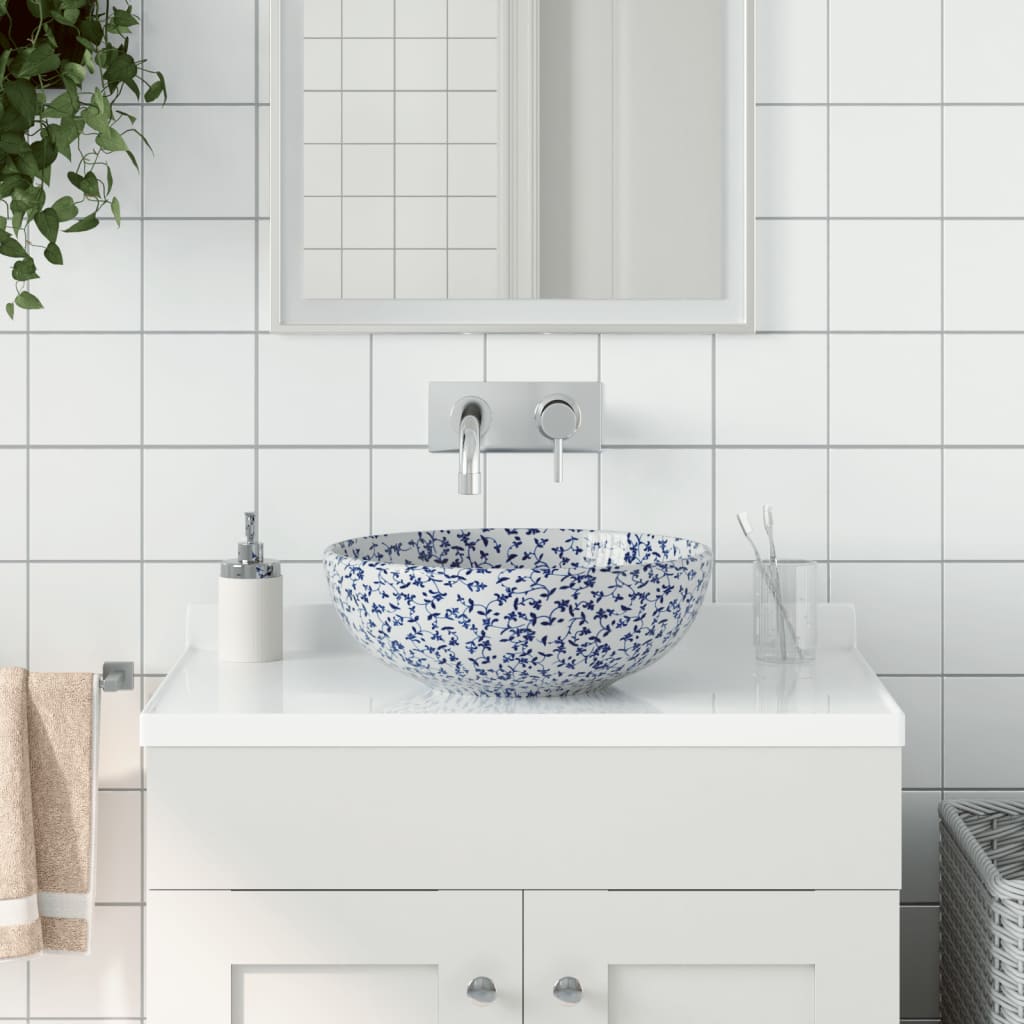 Countertop Basin White and Blue Round ?41x14 cm Ceramic