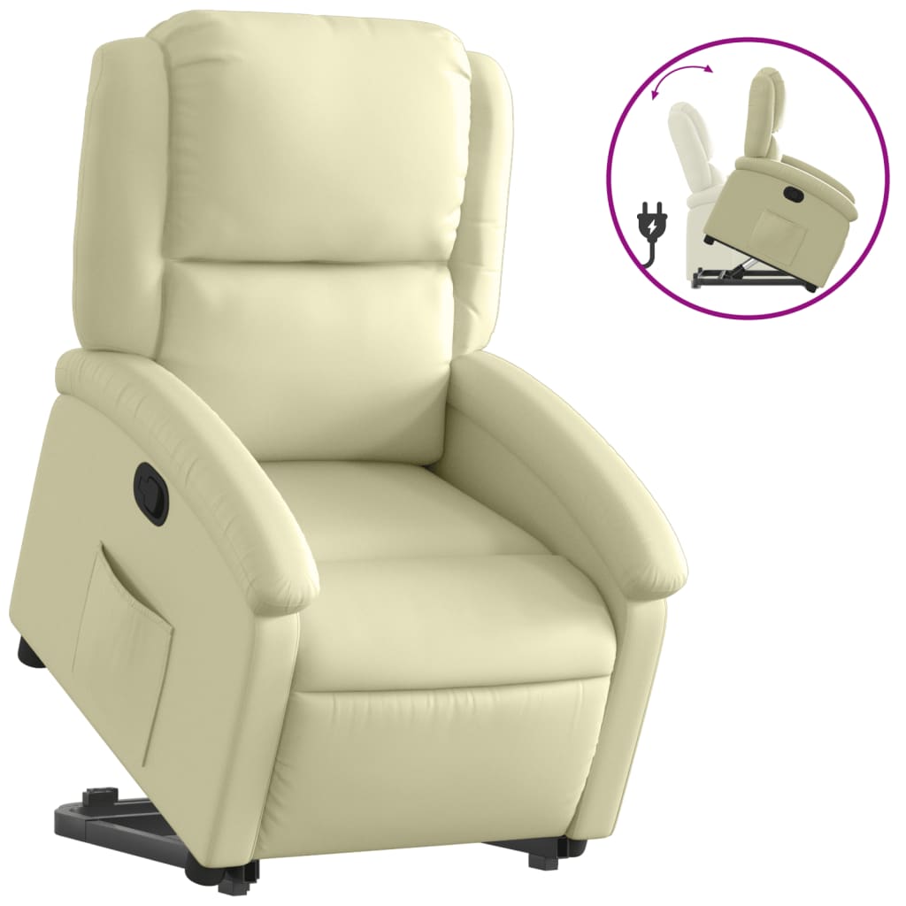 Stand up Recliner Chair Cream Real Leather