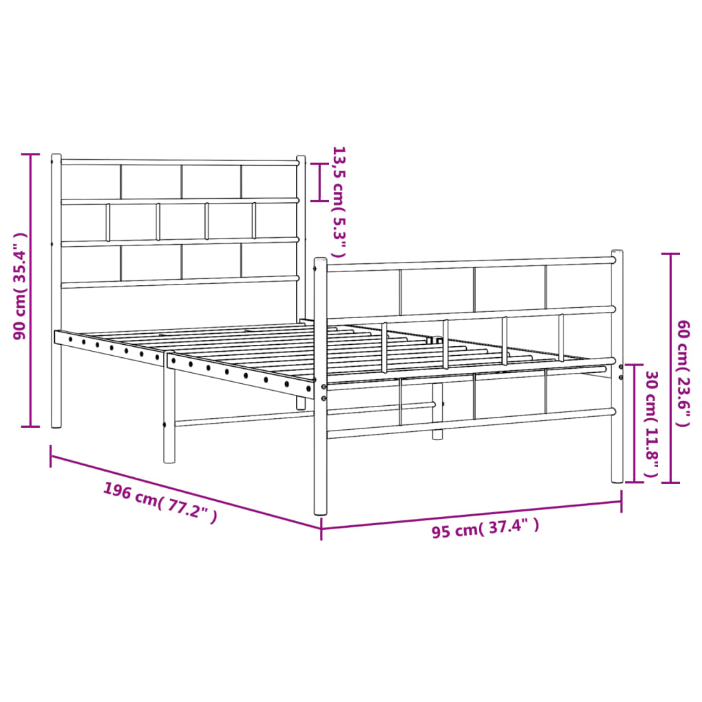 Metal Bed Frame without Mattress with Footboard Black 90x190 cm