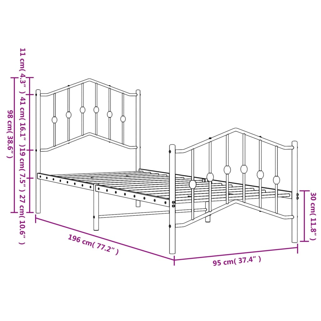 Metal Bed Frame without Mattress with Footboard White 90x190 cm