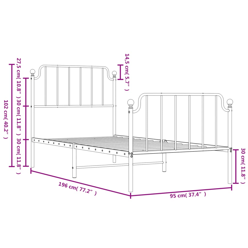 Metal Bed Frame without Mattress with Footboard White 90x190 cm