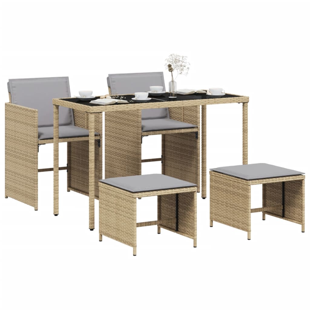 5 Piece Garden Dining Set with Cushions Mix Beige Poly Rattan