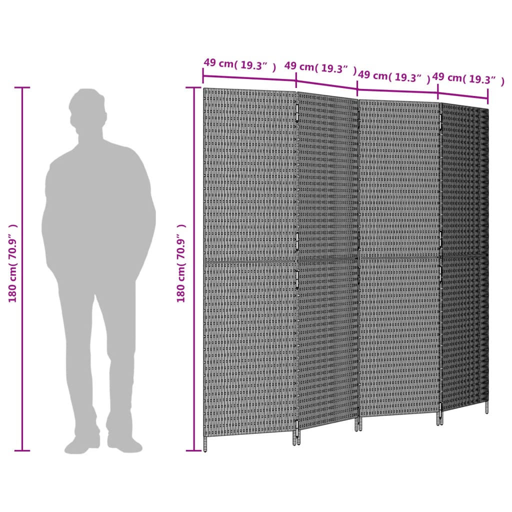 Room Divider 4 Panels Grey Poly Rattan