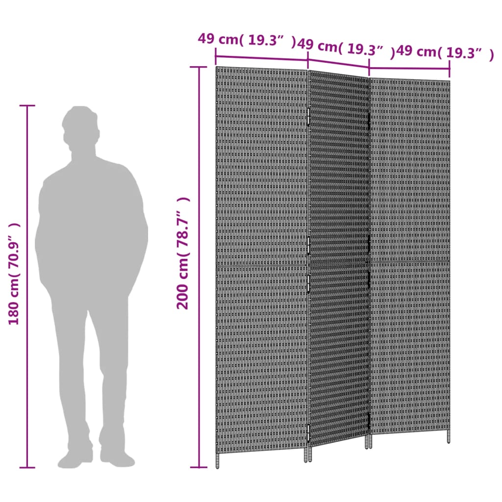Room Divider 3 Panels Grey Poly Rattan