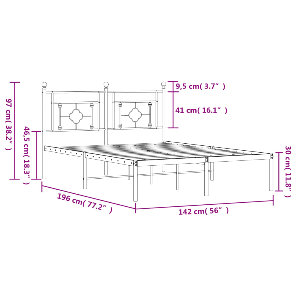 Metal Bed Frame without Mattress with Headboard Black 135x190 cm