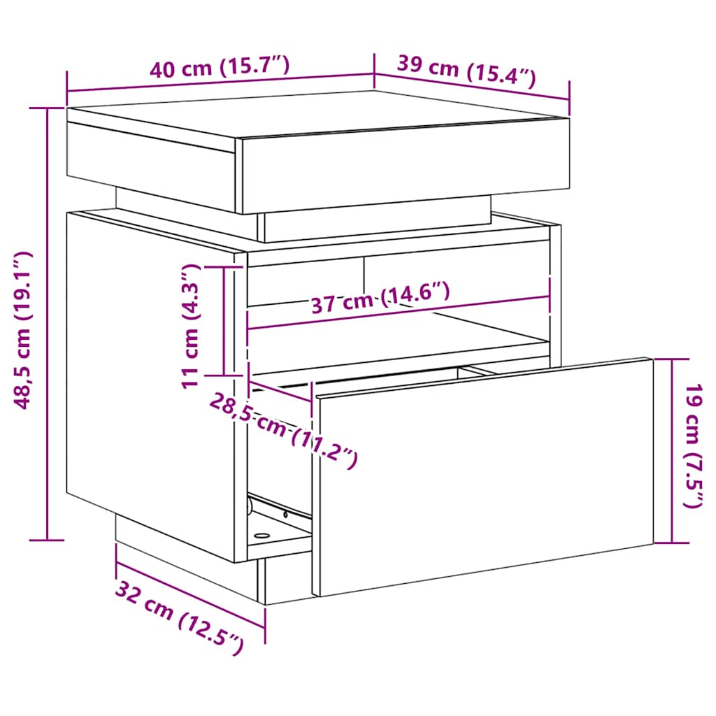Bedside Cabinet with LED Lights White 40x39x48.5 cm