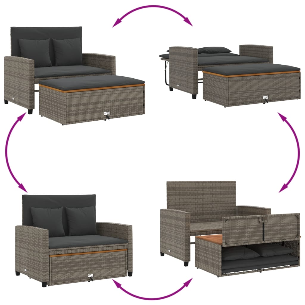 Garden Sofa with Cushions 2-Seater Grey Poly Rattan&Acacia Wood