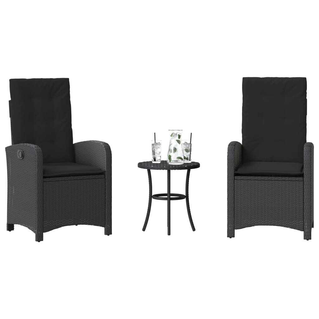 3 Piece Bistro Set with Cushions Black Poly Rattan