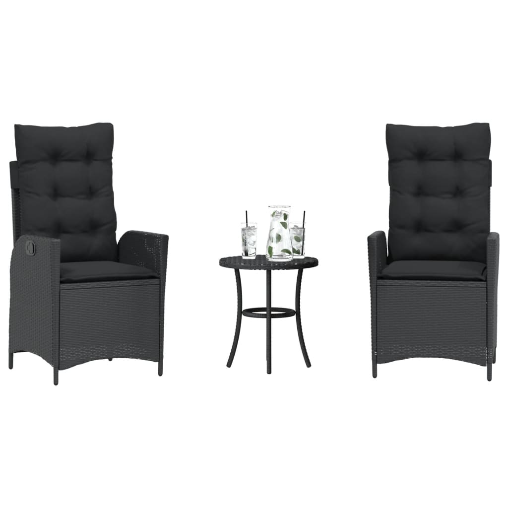 3 Piece Bistro Set with Cushions Black Poly Rattan