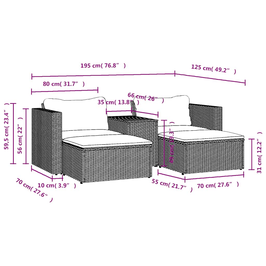 5 Piece Garden Sofa Set with Cushions Grey Poly Rattan Acacia
