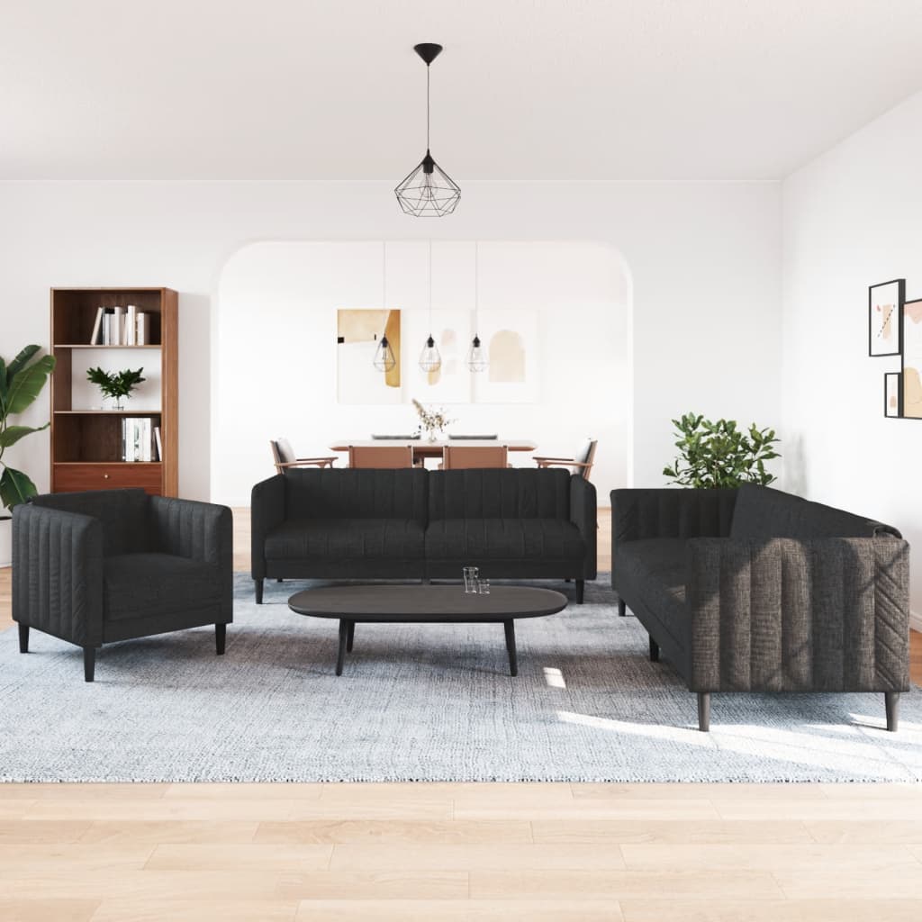 3 Piece Sofa Set Black Fabric