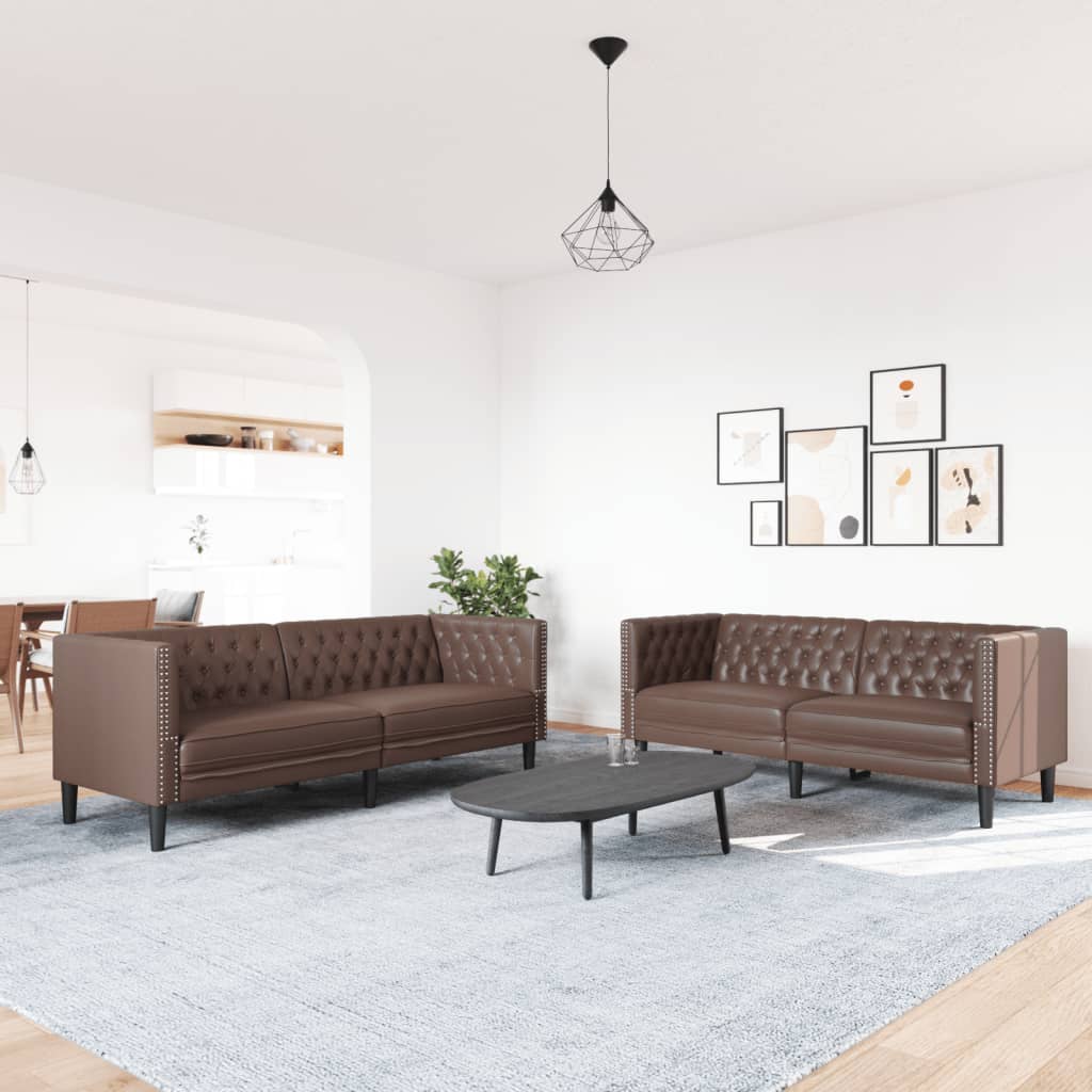 2 Piece Chesterfield Sofa Set Brown Faux Leather
