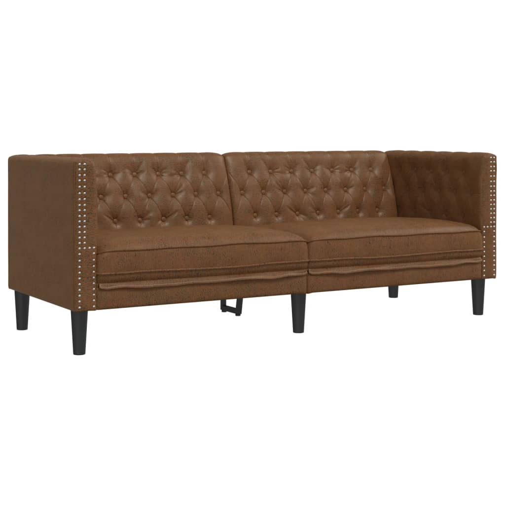 2 Piece Chesterfield Sofa Set Brown Faux Suede Leather