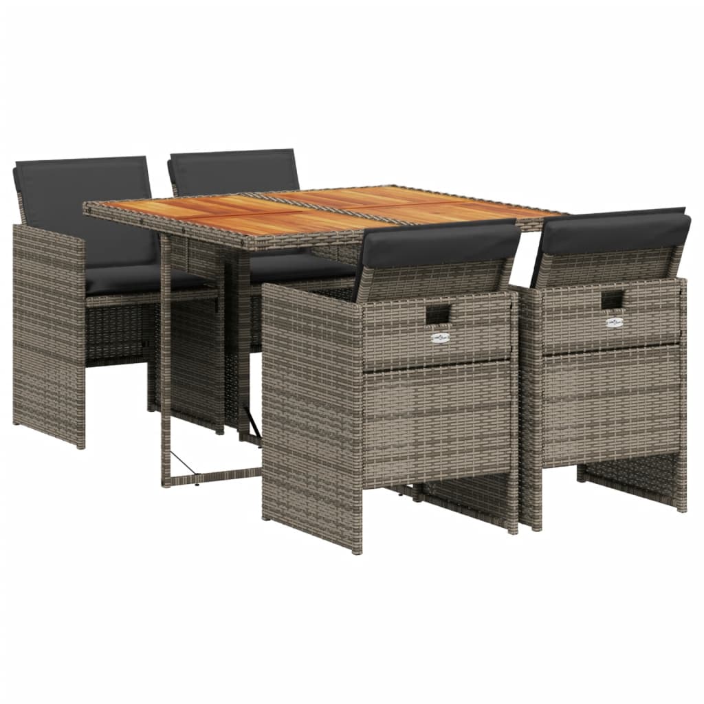 5 Piece Garden Dining Set with Cushions Grey Poly Rattan