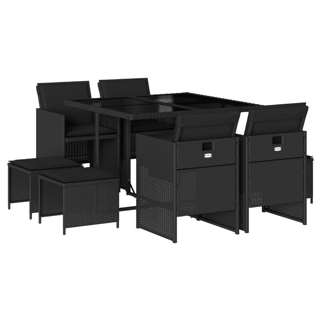 9 Piece Garden Dining Set with Cushions Black Poly Rattan