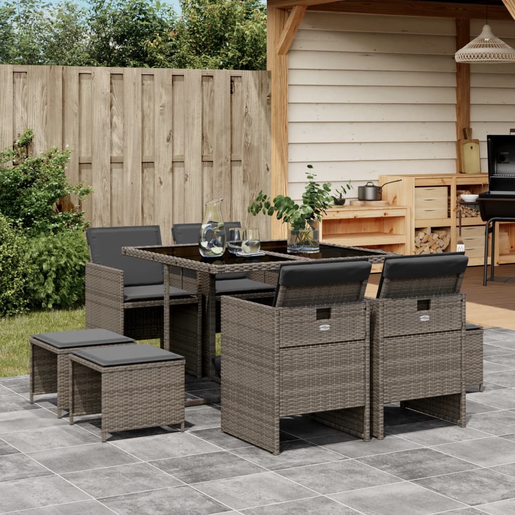 9 Piece Garden Dining Set with Cushions Grey Poly Rattan
