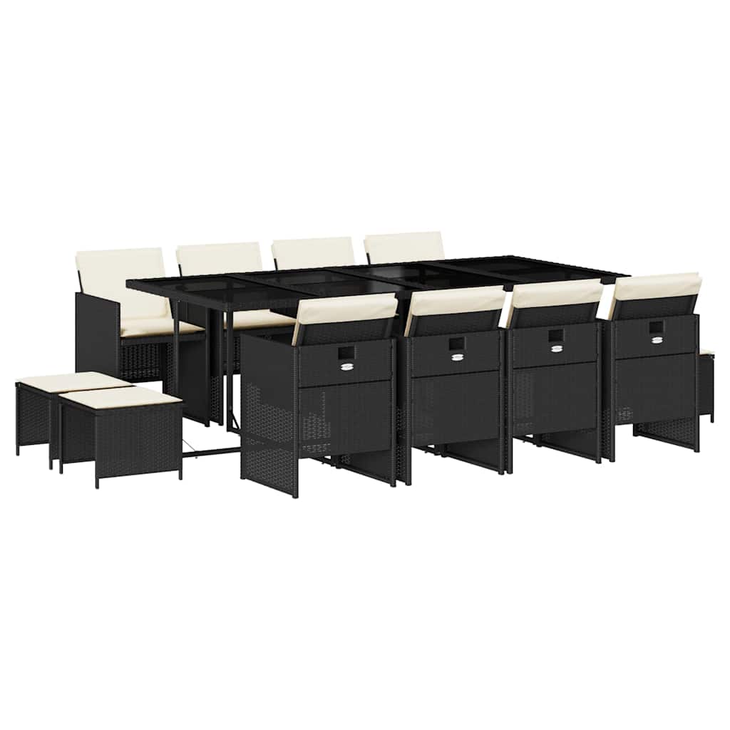 13 Piece Garden Dining Set with Cushions Black Poly Rattan